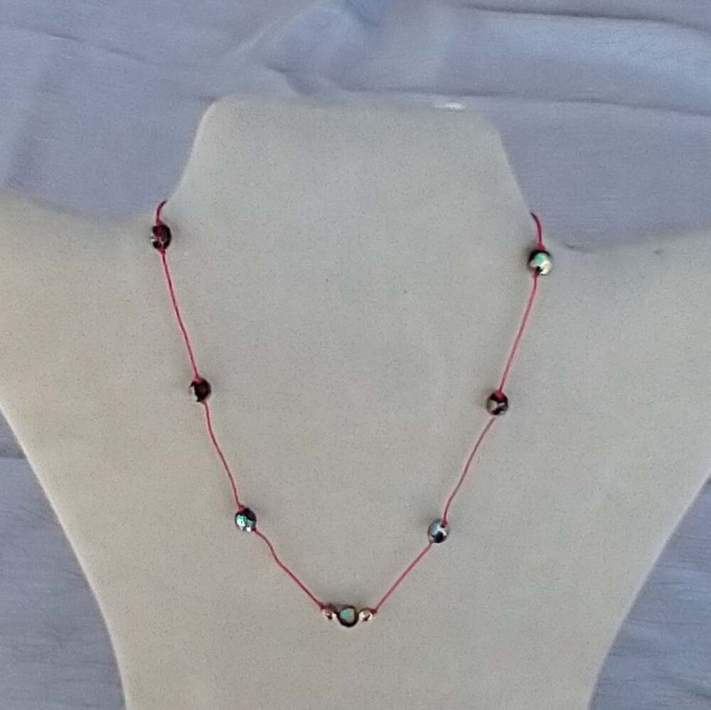 2 Necklaces Beads On Silk Thread 1 Red Black1 White Turquoise
